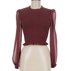 Wilfred Aritzia Tempest Blouse - Burgundy Sheer Sleeve Top